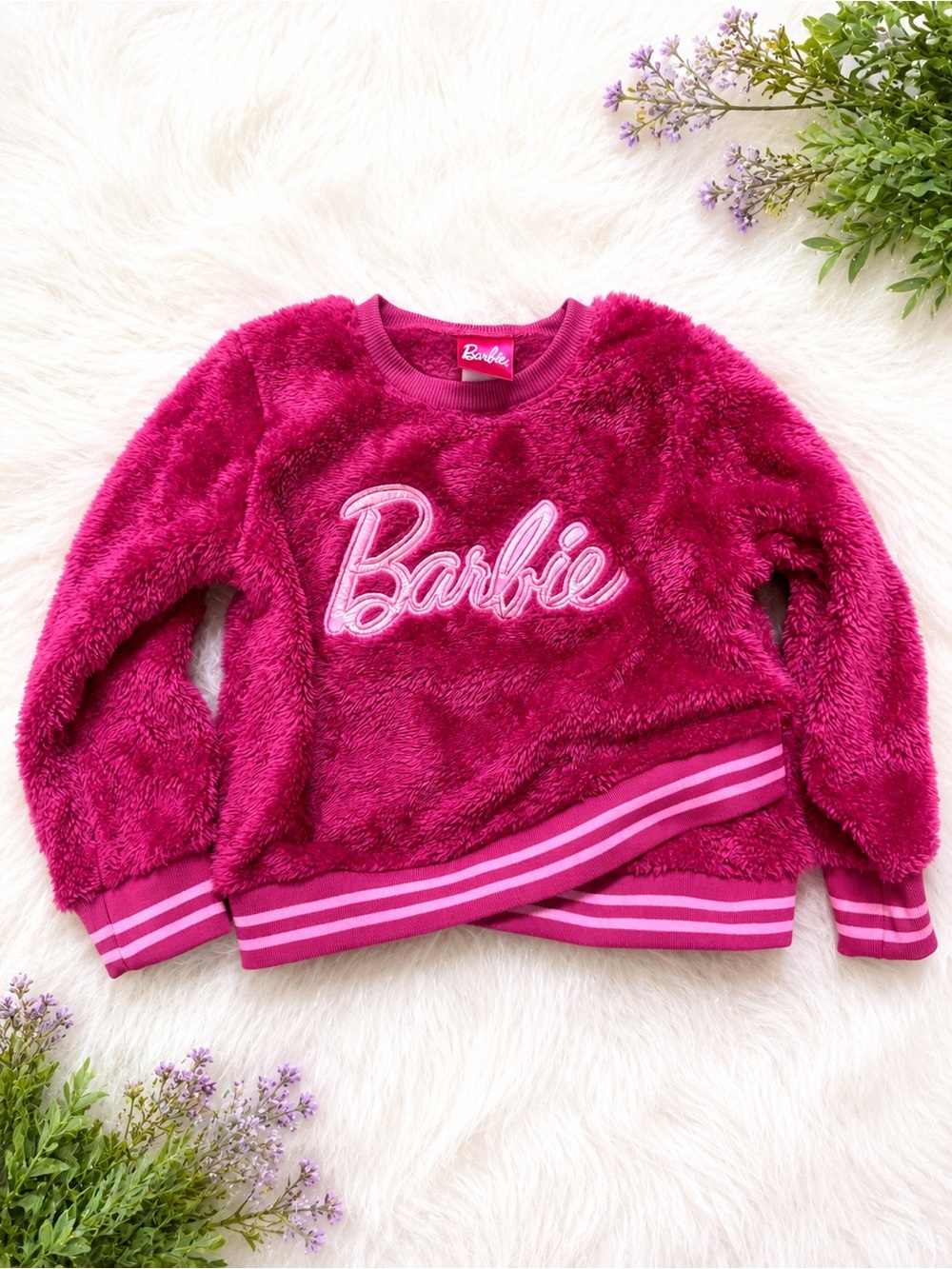 Barbie Plush Fuzzy Sweatshirt in Bright Pink with Striped Hem